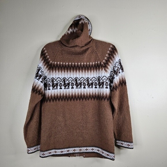 Mens Little Llamas Hooded Alpaca Wool Knitted Jacket Hoodie Sweater medium - Picture 5 of 7